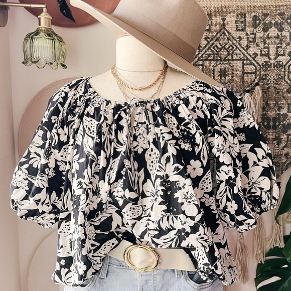 Lucky Brand Tops - LUCKY BRAND Cotton Gathered Poplin Top Black Cream Women’s SIZE XL boho tropical